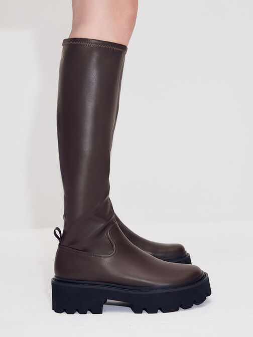 Chunky Platform Knee-High Boots, Dark Brown, hi-res
