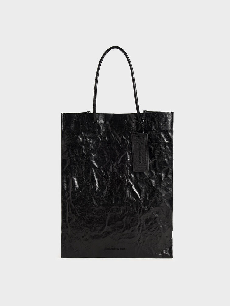 Crumpled-Effect Tote Bag, Black, hi-res