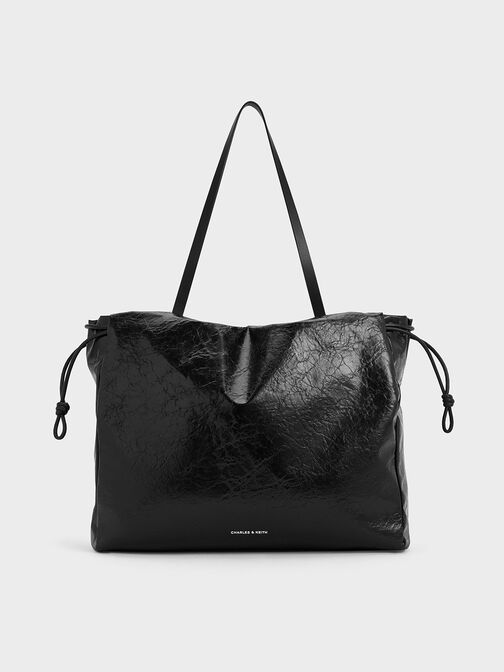 Bethel Crinkle-Effect Ruched Drawstring Tote Bag, Black, hi-res