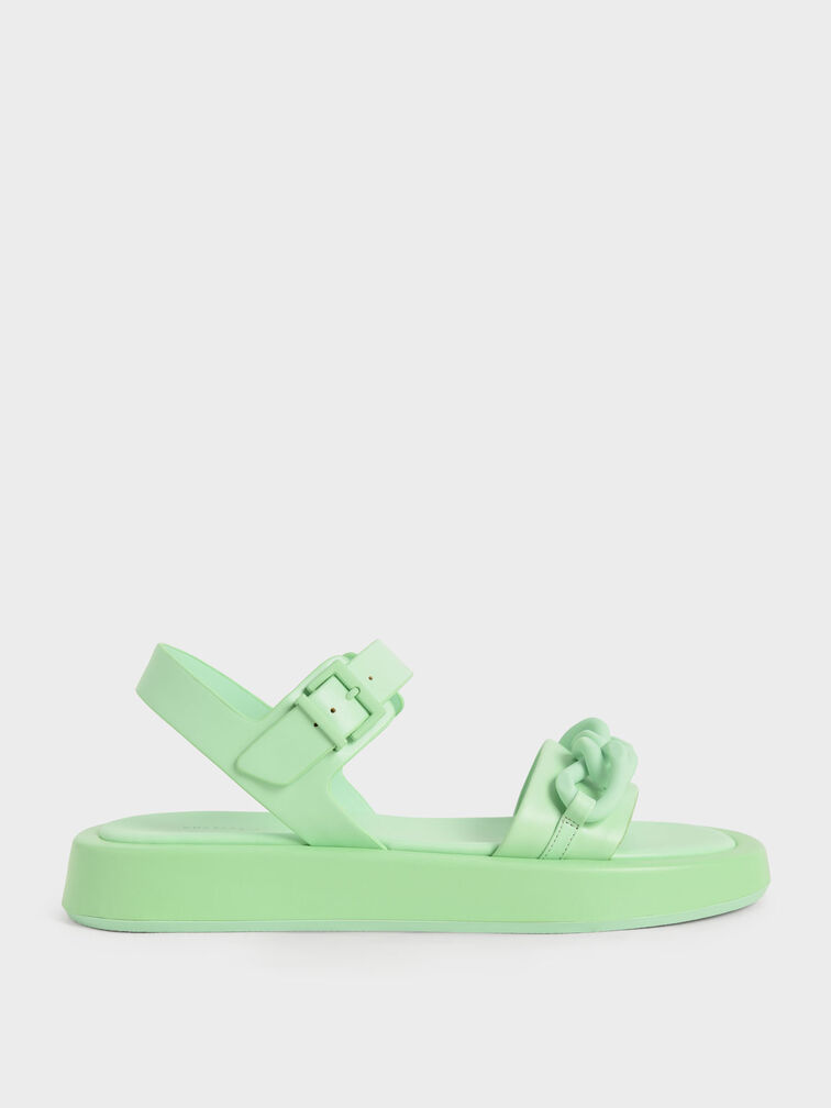 Chunky Chain-Link Ankle-Strap Padded Sandals, Green, hi-res