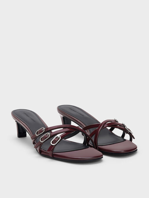 Patent Buckled Strappy Kitten-Heel Mules, Burgundy, hi-res