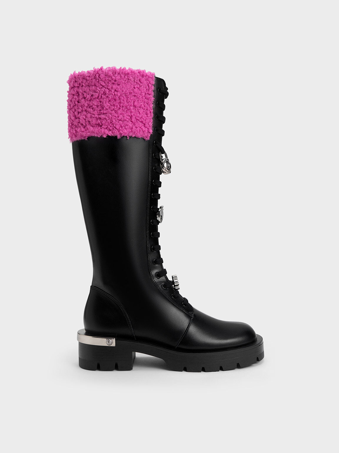 Lotso Furry Knee-High Combat Boots, Black Textured, hi-res