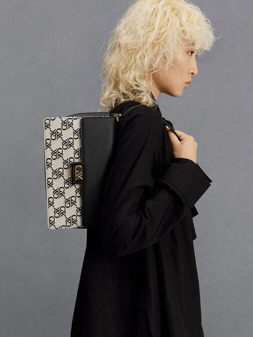 Leather & Canvas Monogram Shoulder Bag, Black, hi-res