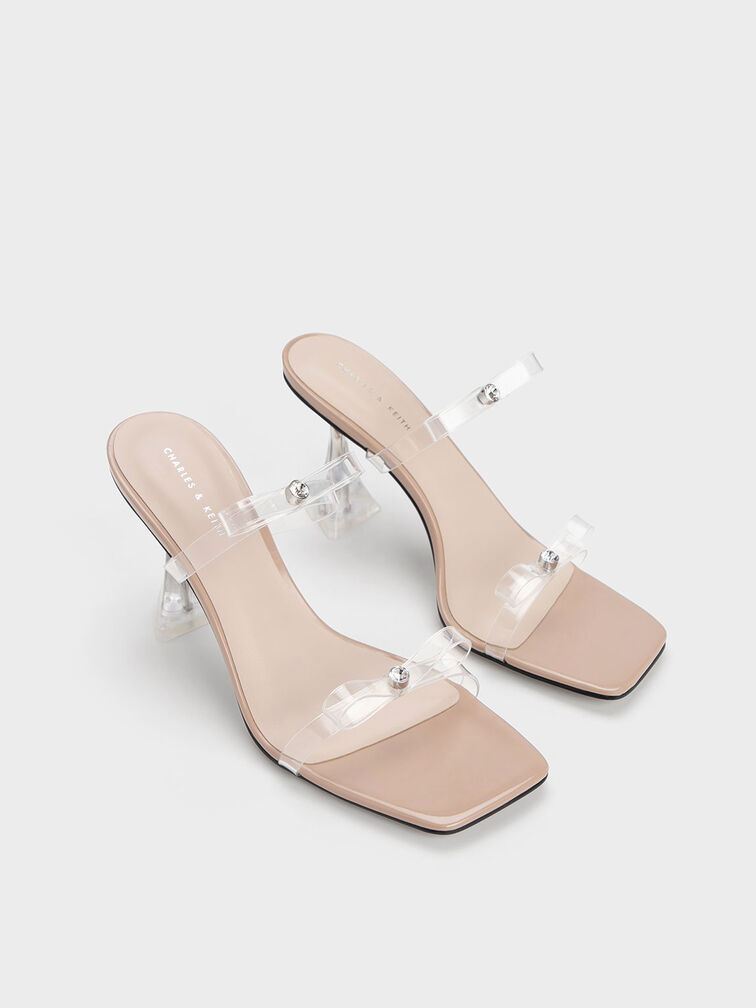 Embellished Bow See-Through Sandals, Nude, hi-res