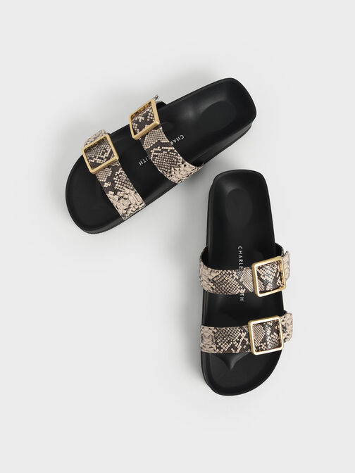 Snake Print Buckle Strap Slide Sandals, Animal Print Natural, hi-res
