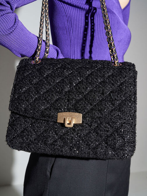 Tweed Chain Strap Bag, Black, hi-res
