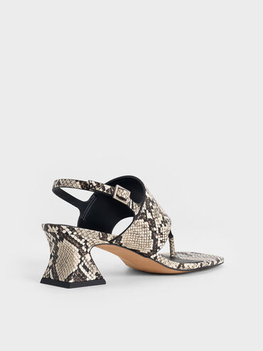 Snake-Print Wide-Strap Heeled Thong Sandals, Animal Print Natural, hi-res