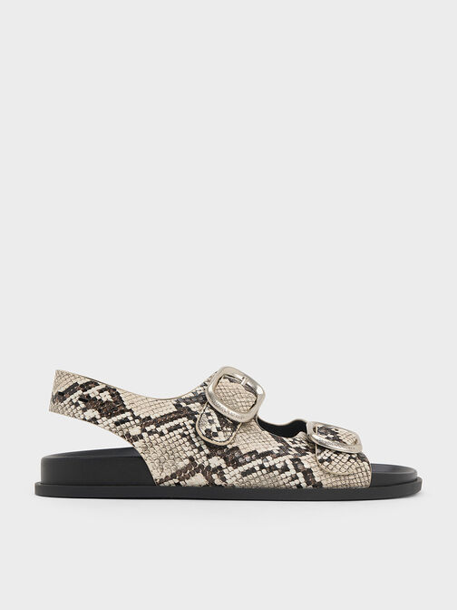 Snake-Print Buckled Double-Strap Slingback Sandals, Animal Print Natural, hi-res