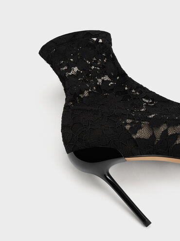 Lace & Mesh Ankle Boots, Black Textured, hi-res