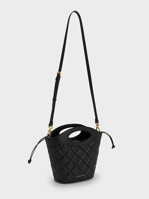 Quilted Chain-Link Curved-Handle Bucket Bag, Black, hi-res