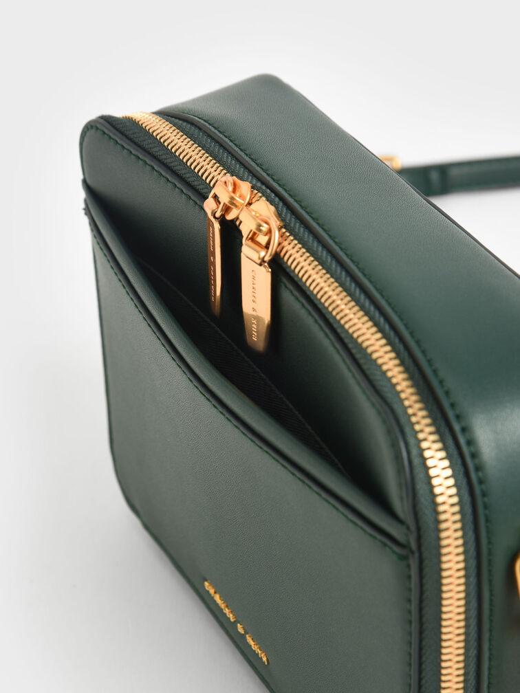 Chunky Chain Handle Two-Way Zip Crossbody Bag, Dark Green, hi-res