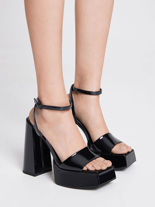 Patent Ankle-Strap Platform Sandals, Black, hi-res