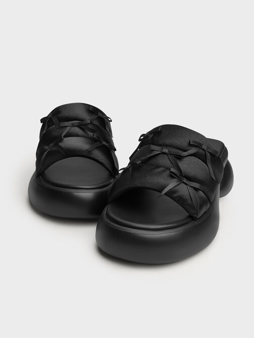 Recycled Polyester Bow Puffy Sports Sandals, Black Textured, hi-res