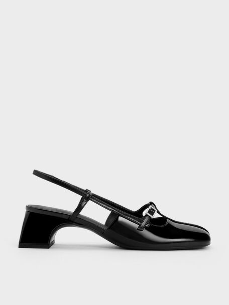 Patent T-Bar Slingback Pumps, Black Patent, hi-res