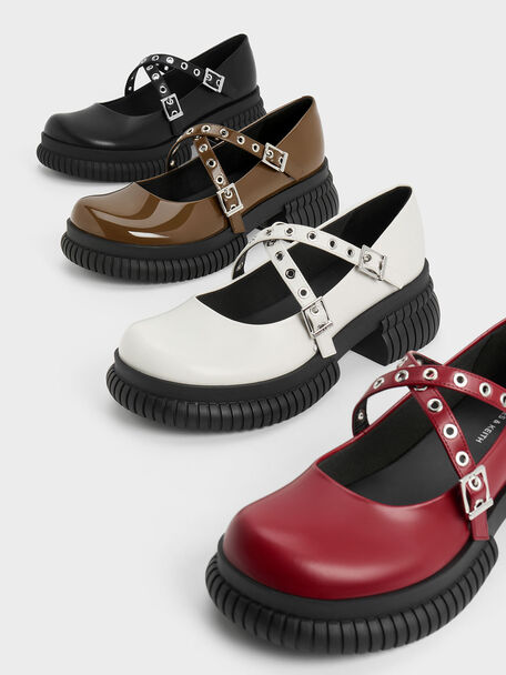 Grommet-Strap Platform Mary Janes, Brown, hi-res