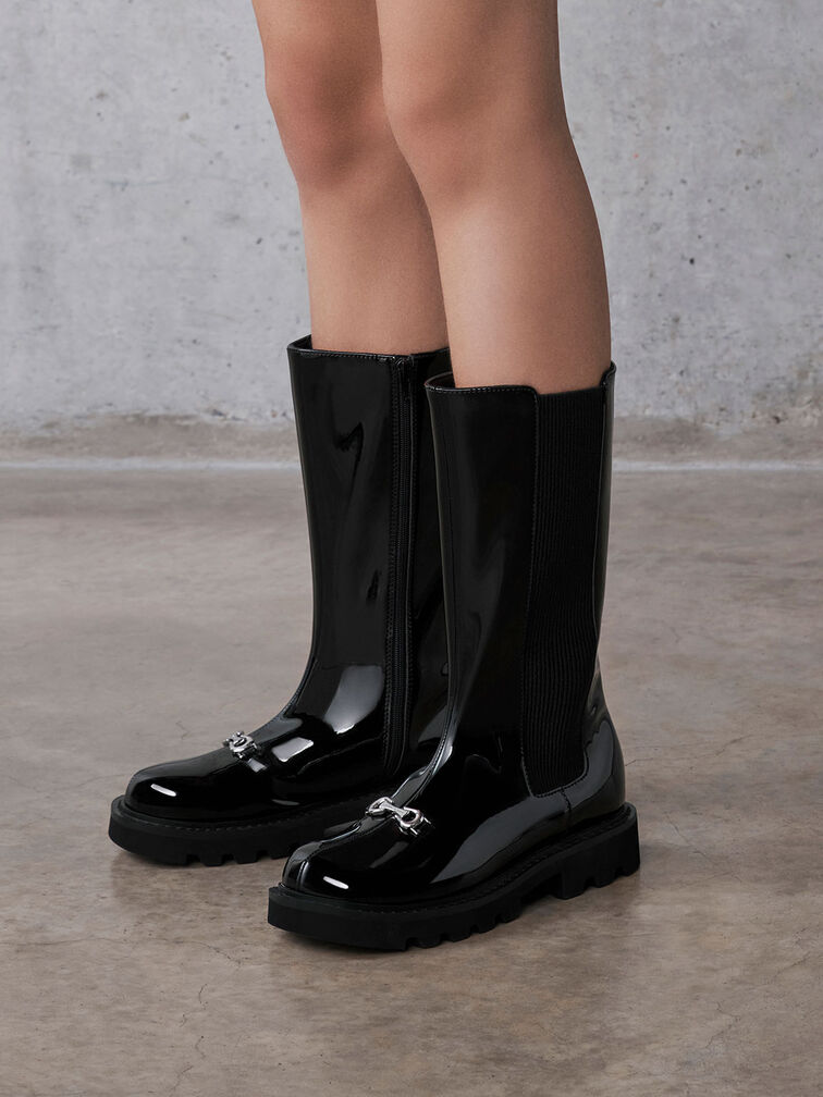 Girls' Metallic-Accent Chelsea Knee-High Boots, Black Box, hi-res