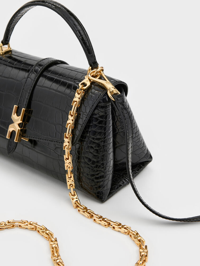 아달린 크로크 메탈릭 버클 체인 스트랩 탑 핸들백, 블랙 크로코, hi-res