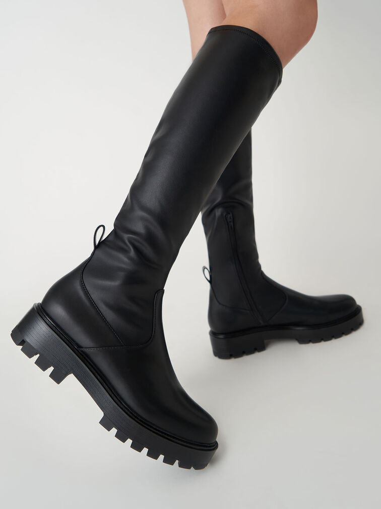 Pull-Tab Chunky Knee-High Boots, Black, hi-res