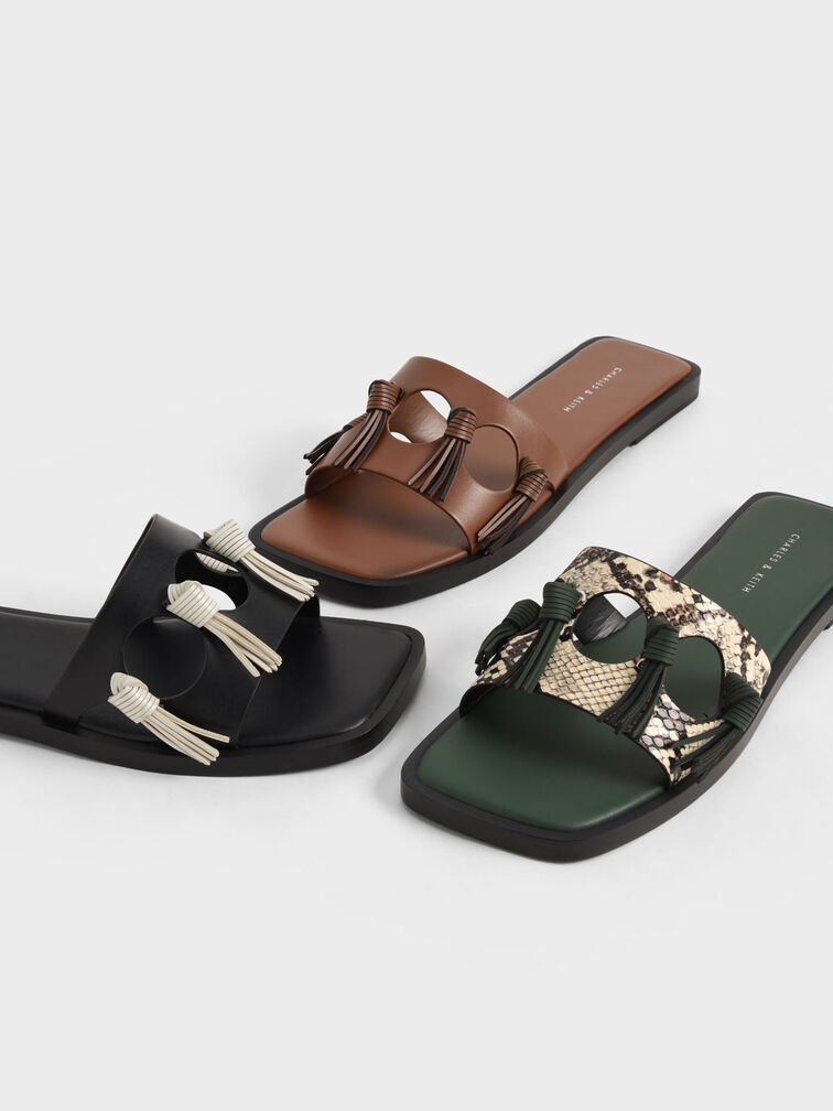 Fringe Detail Slide Sandals, Brown, hi-res