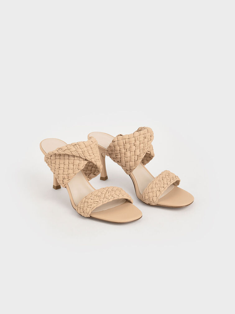 Double Strap Woven Heeled Mules, Nude, hi-res