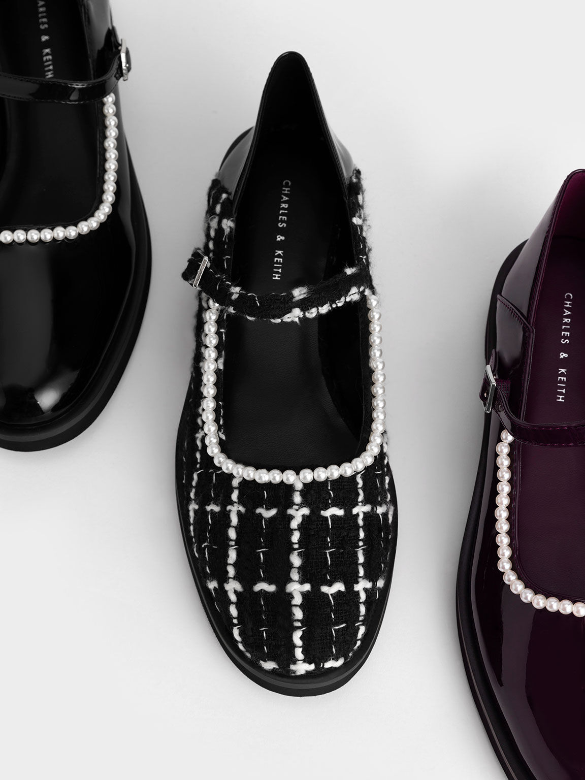 Patent & Tweed Beaded Mary Janes, Black Textured, hi-res
