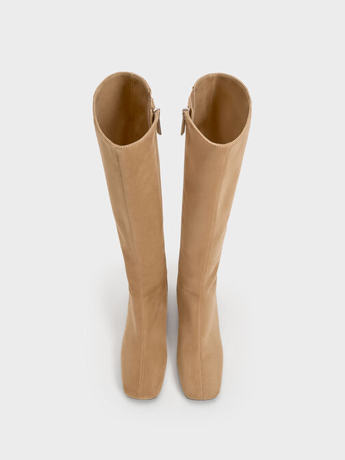 Faux Suede Square-Toe Side-Zip Knee-High Boots, Sand, hi-res