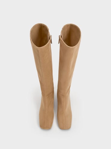 Faux Suede Square-Toe Side-Zip Knee-High Boots, Sand, hi-res