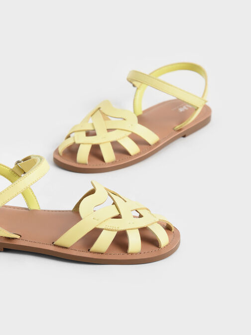 Girls' Caged Ankle-Strap Sandals, Yellow, hi-res