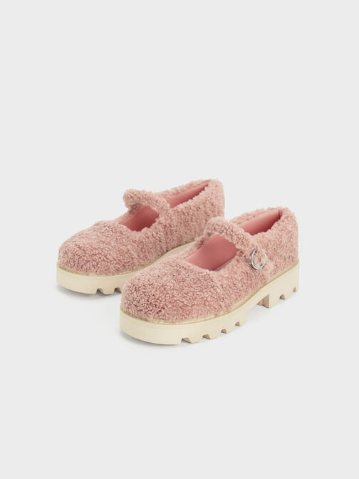 Girls' Furry Platform Mary Janes, Pink, hi-res