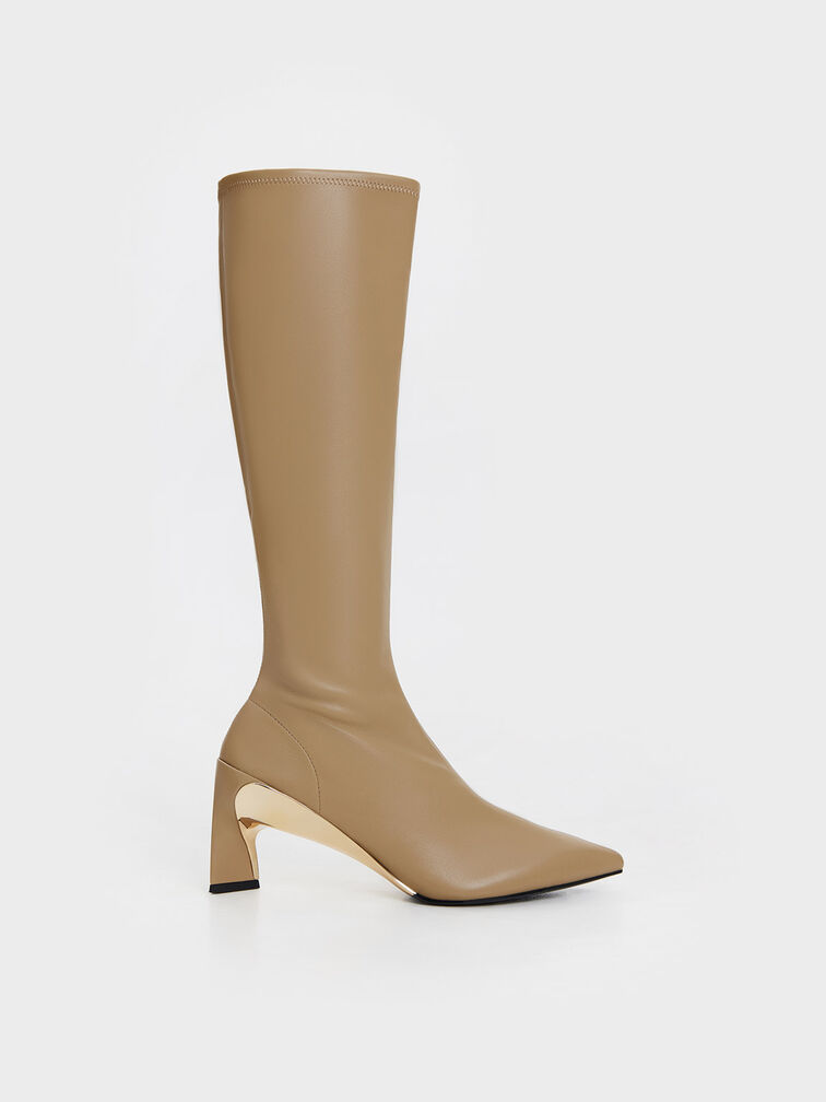 Devon Metallic Blade-Heel Knee-High Boots, Taupe, hi-res