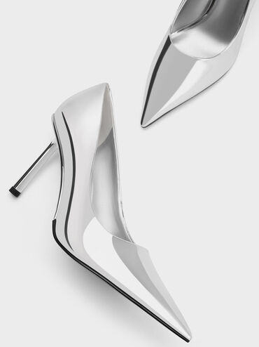 Metallic Patent Pointed-Toe Stiletto Heels, Silver, hi-res