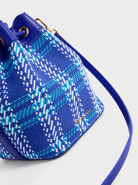 Tweed Braided-Handle Drawstring Bucket Bag, Cobalt, hi-res