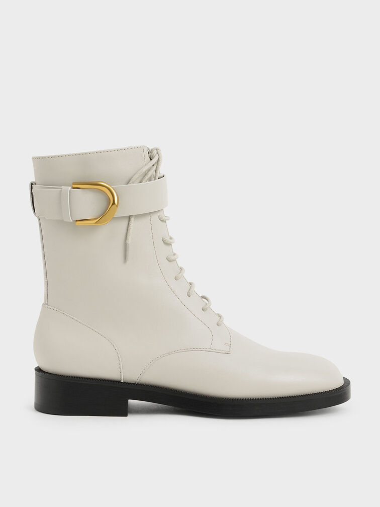 Botines Gabine de piel con cordones, Blanco tiza, hi-res