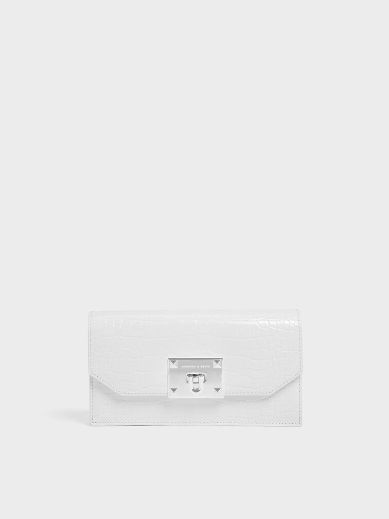 Croc-Effect Push Lock Flap Wallet, White, hi-res