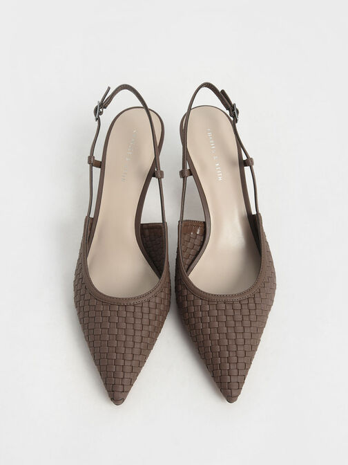 Woven Slingback Pumps, Brown, hi-res