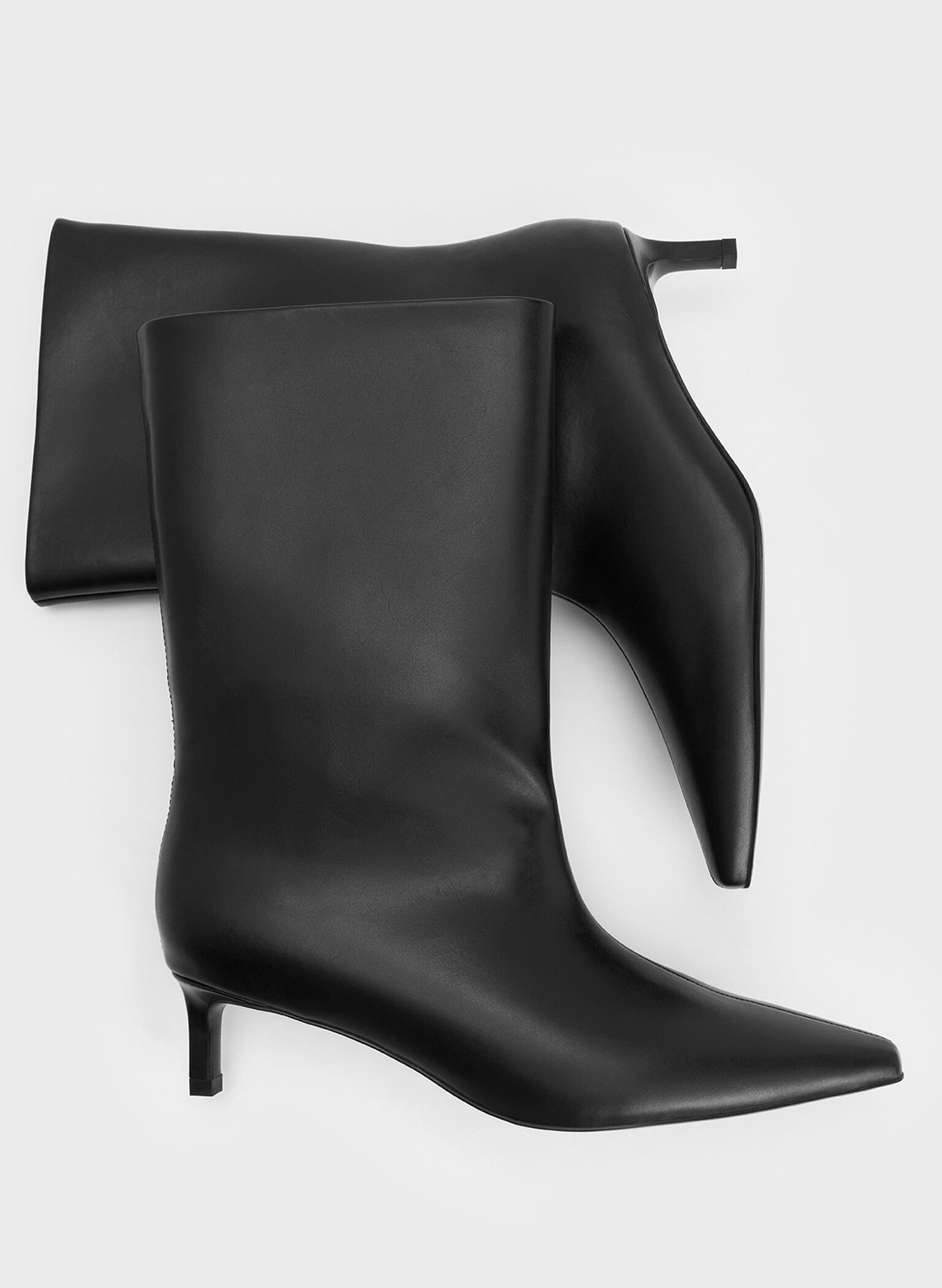 Elongated Square-Toe Kitten-Heel Calf Boots, Black, hi-res