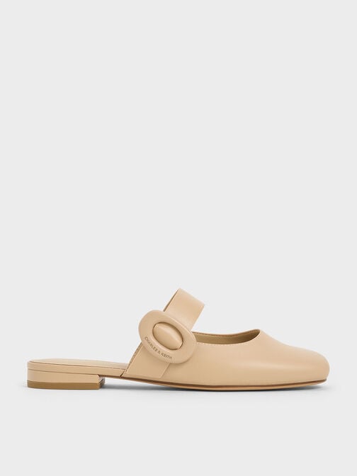 Oval-Buckle Flat Mules, Beige, hi-res