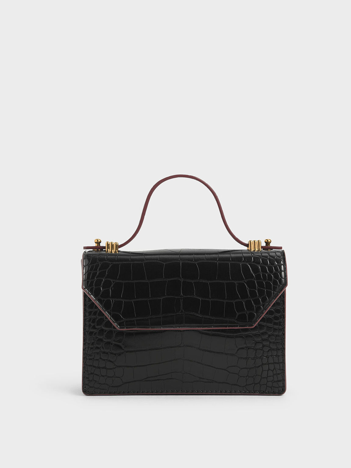 Croc-Effect Mini Top Handle Clutch, Black, hi-res
