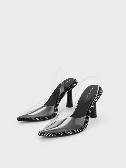 Zapatos de tacón destalonados Translúcidos con adornos de cristal, Transparente, hi-res