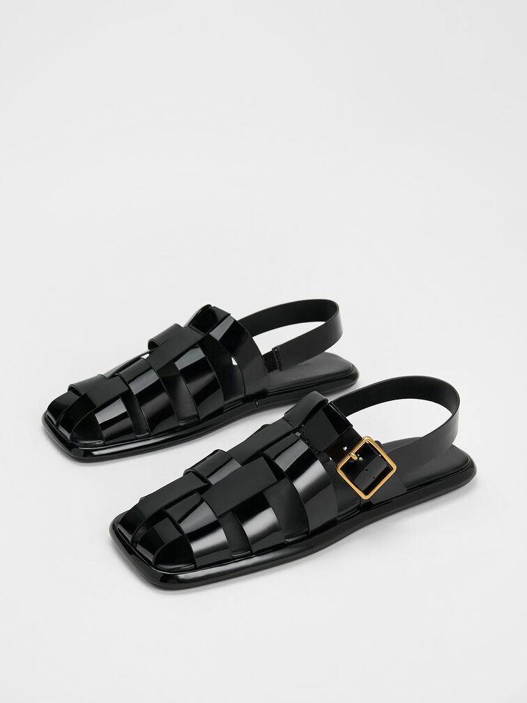 Metallic Buckle Caged Patent Slingback Sandals, Black Patent, hi-res