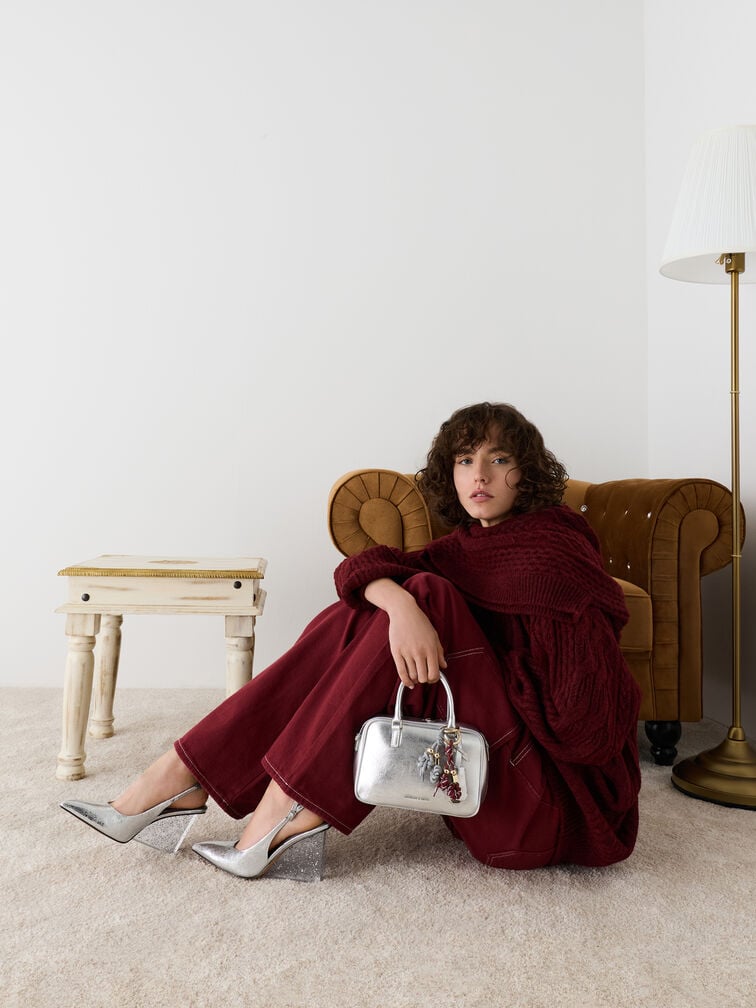 Knotted-Flower Charm, Burgundy, hi-res