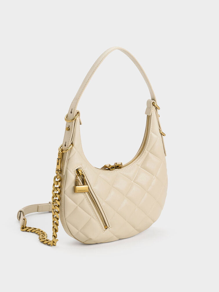 Swing Padlock Quilted Crescent Bag, Beige, hi-res