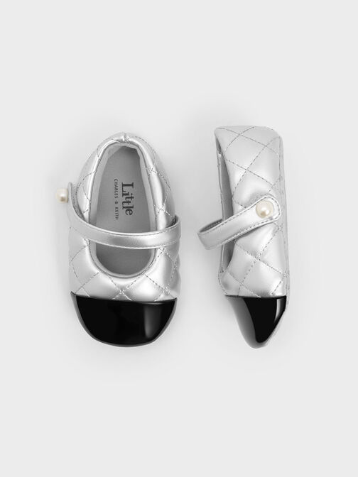 Girls' Quilted Two-Tone Mary Jane Flats, Silver, hi-res