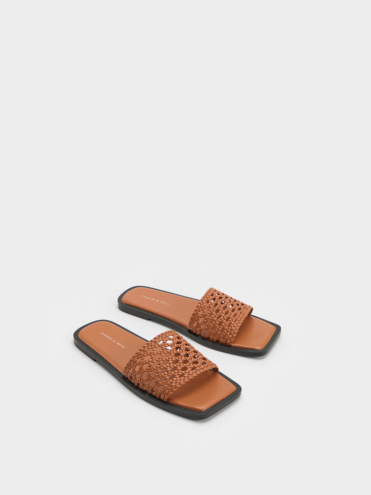 Woven Square-Toe Slides, Cognac, hi-res