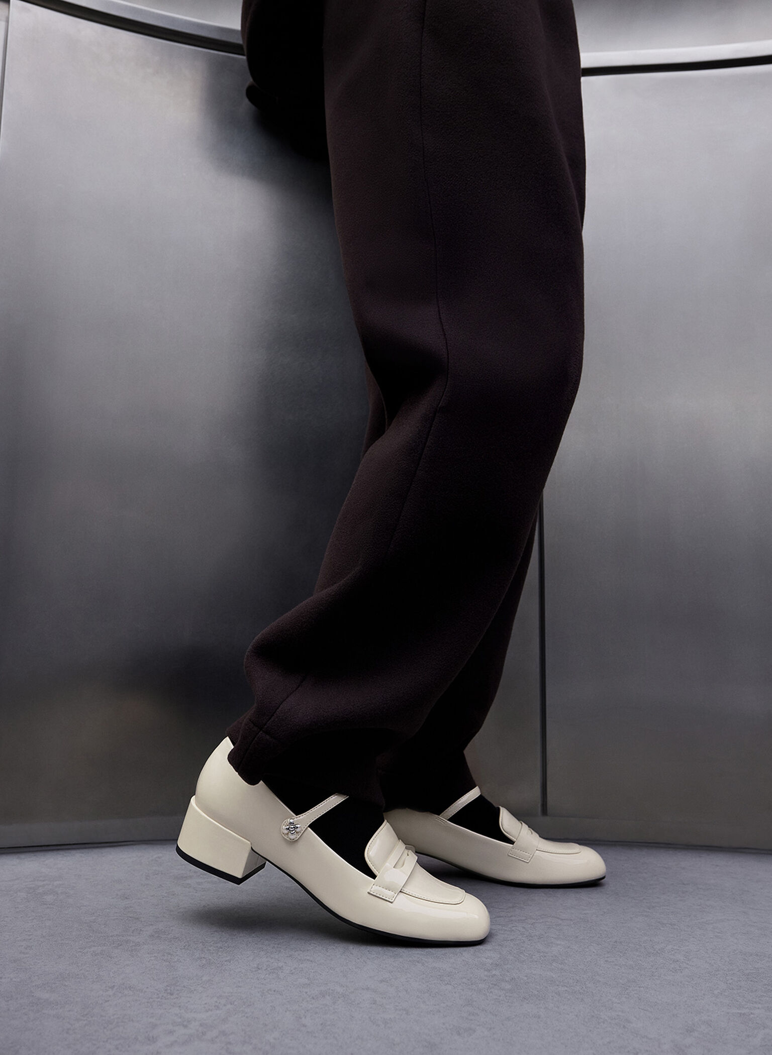 Patent Pearl-Embellished Flower-Buckle Mary Jane Loafers, Chalk, hi-res