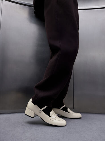 Patent Pearl-Embellished Flower-Buckle Mary Jane Loafers, Chalk, hi-res
