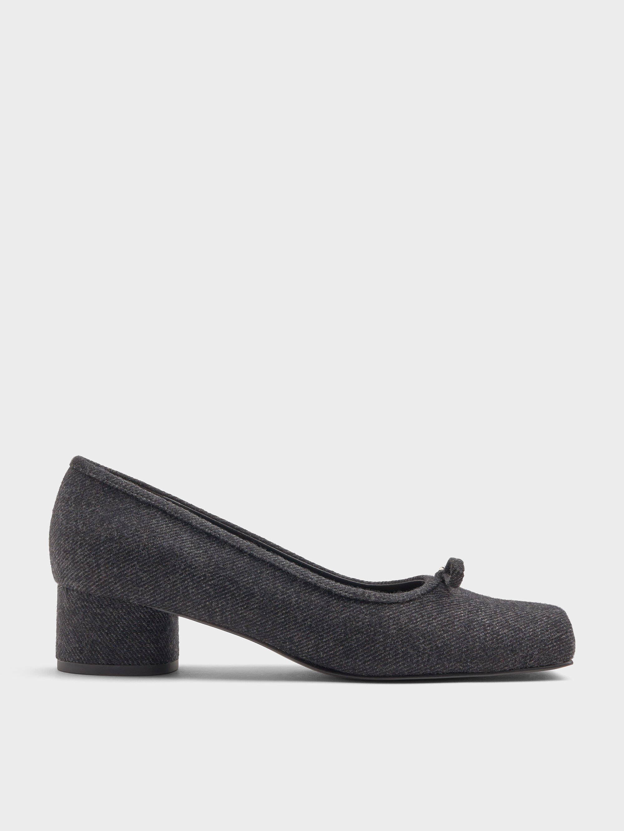 Dark Grey Felt Bow Metallic-Accent Square-Toe Block-Heel