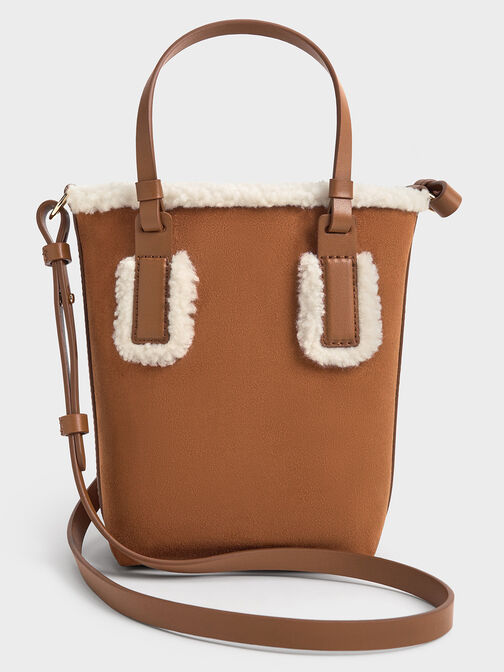 Noelle Faux Suede Fur-Trim Elongated Tote, Brown, hi-res