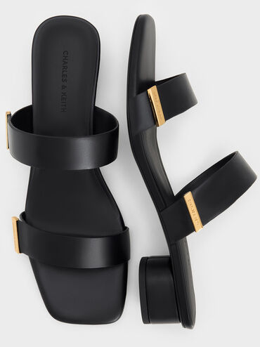 Sandalias de tac�n de doble correa con detalles met�licos, Negro, hi-res
