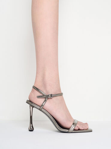 Metallic Sculptural-Heel Ankle-Strap Sandals, Pewter, hi-res